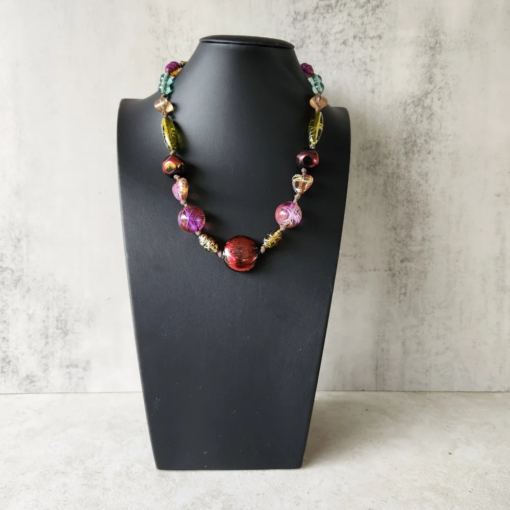 Handcrafted Artisan Art Glass Beaded Necklace Leather Cord Red Gold Purple Heart